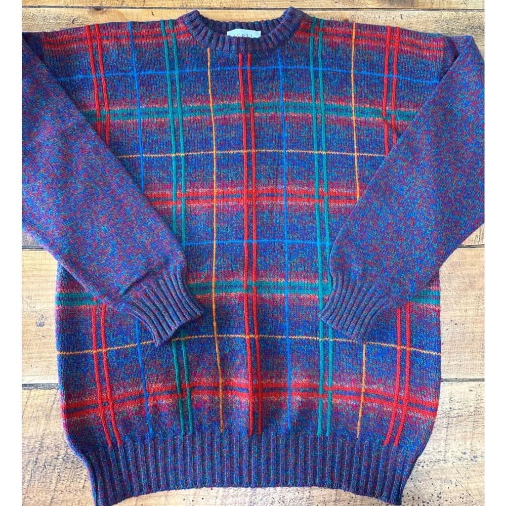 Scott Officer Mens Blue Red Plaid 100% Lambswool Made in Scotland Sweater Medium